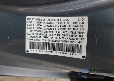 2005 Honda Cr-V Se from USA, damaged, VIN SHSRD78955U304790